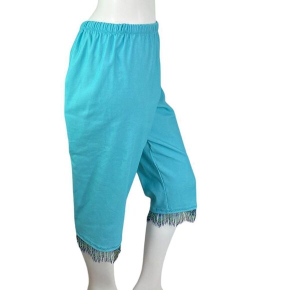 NEW Pat Dahnke Turquoise Blue Capris with Fringed Hem Beading, Size Small - Picture 5 of 10